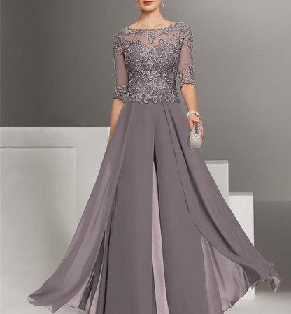 Chiffon Jewel Neck Half Sleeves Ankle-Length Mother of the Bride Pantsuits with Lace