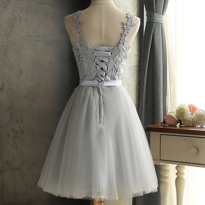 Gray lace short A line prom dress homecoming dress  8411