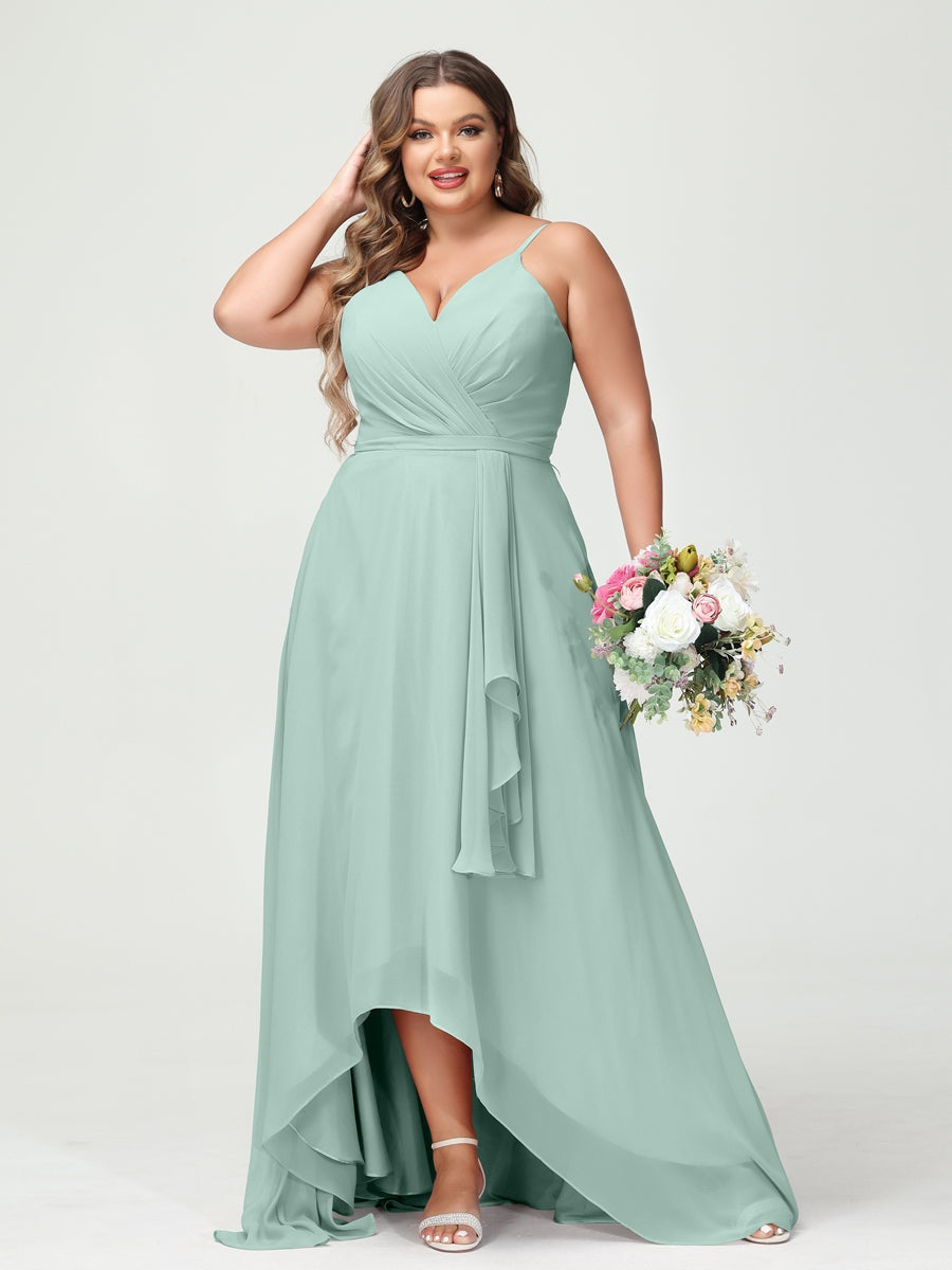 A-Line/Princess Spaghetti Straps Chiffon Ruffles Asymmetrical Plus Size Bridesmaid Dresses with Pockets