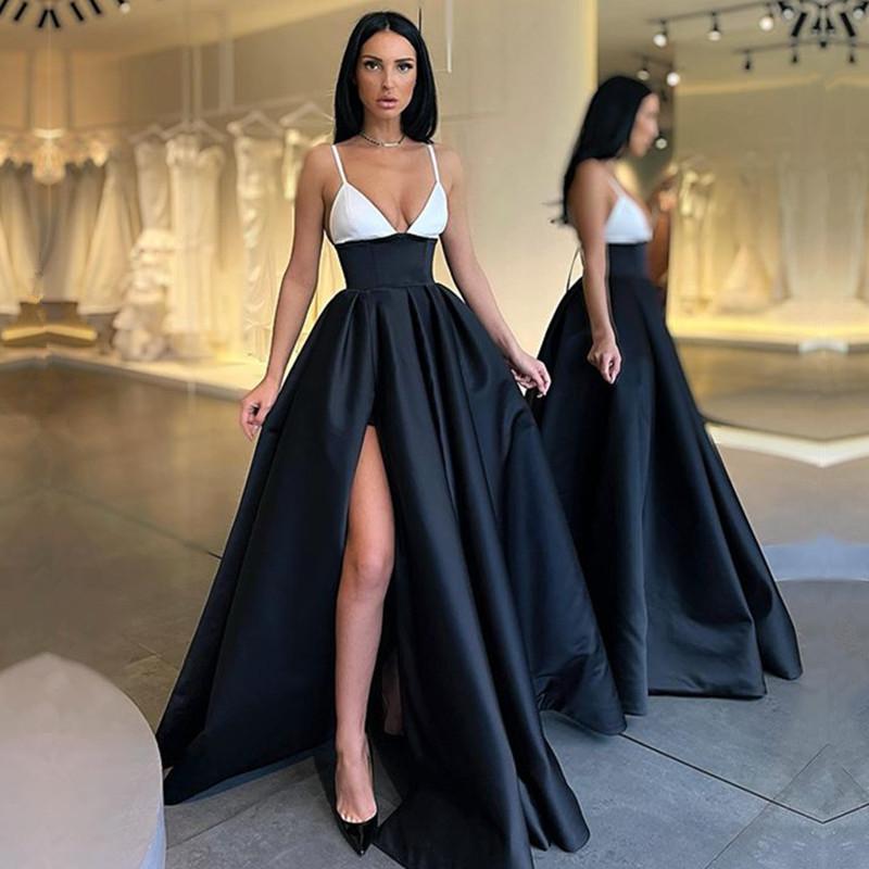 edgynewlook Black and White Spaghetti-Straps Prom Dress