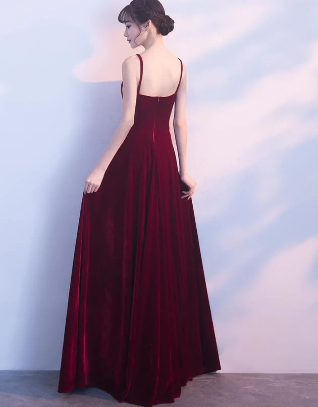 Wine Red Straps Velvet Long Bridesmaid Dress Party Dress gh549