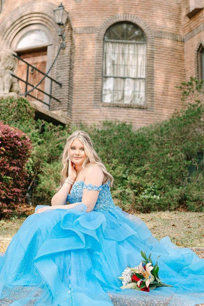 Blue Off the Shoulder Ruffle Tiered Tulle Long Prom Dresses with Appliques