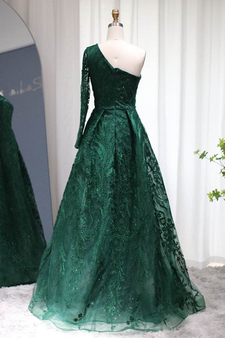 Edgynewlook Emerald One Shoulder Long Sleeves Prom Dress Tulle With Diamond Appliques