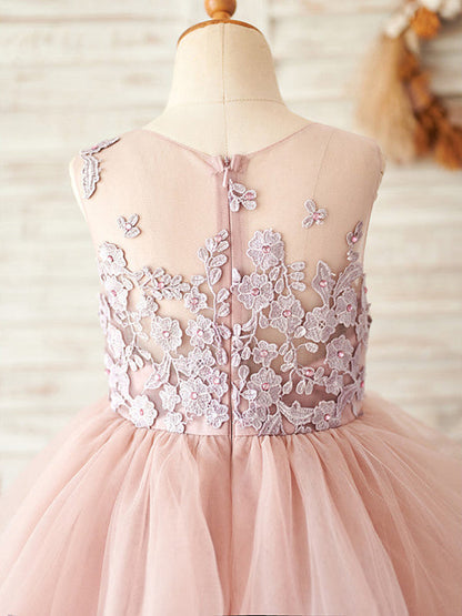 A-line Tulle Floor-length Pink Flower Girl Dress