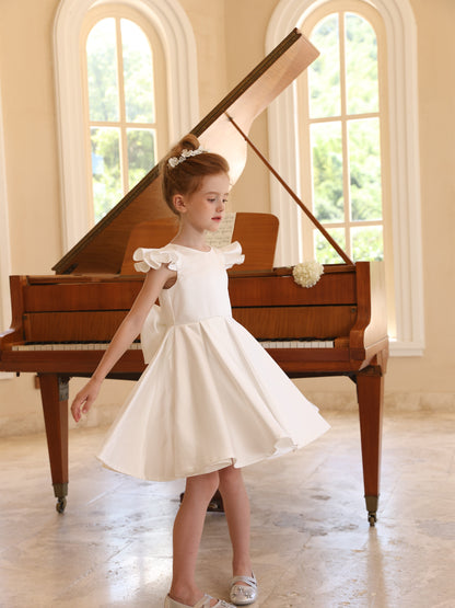 Ball-Gown Satin Tulle Scoop Short Sleeves Tea-Length Flower Girl Dresses With Bowknot