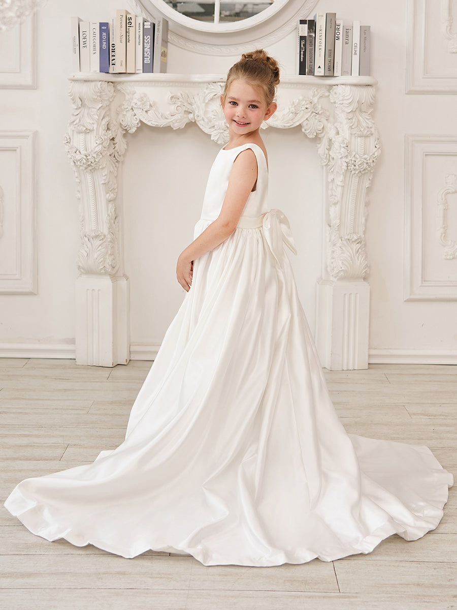 A-Line Princess Sleeveless Satin Flower Girl Dress with Sweep Train and Bow