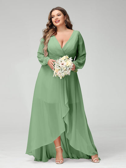 A-Line/Princess V-Neck Long Sleeves Asymmetrical Plus Size Bridesmaid Dresses with Pockets