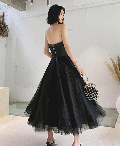 Black Tea Length Scoop Simple Tulle Homecoming Dress, Black Party Dresses Prom Dress gh73