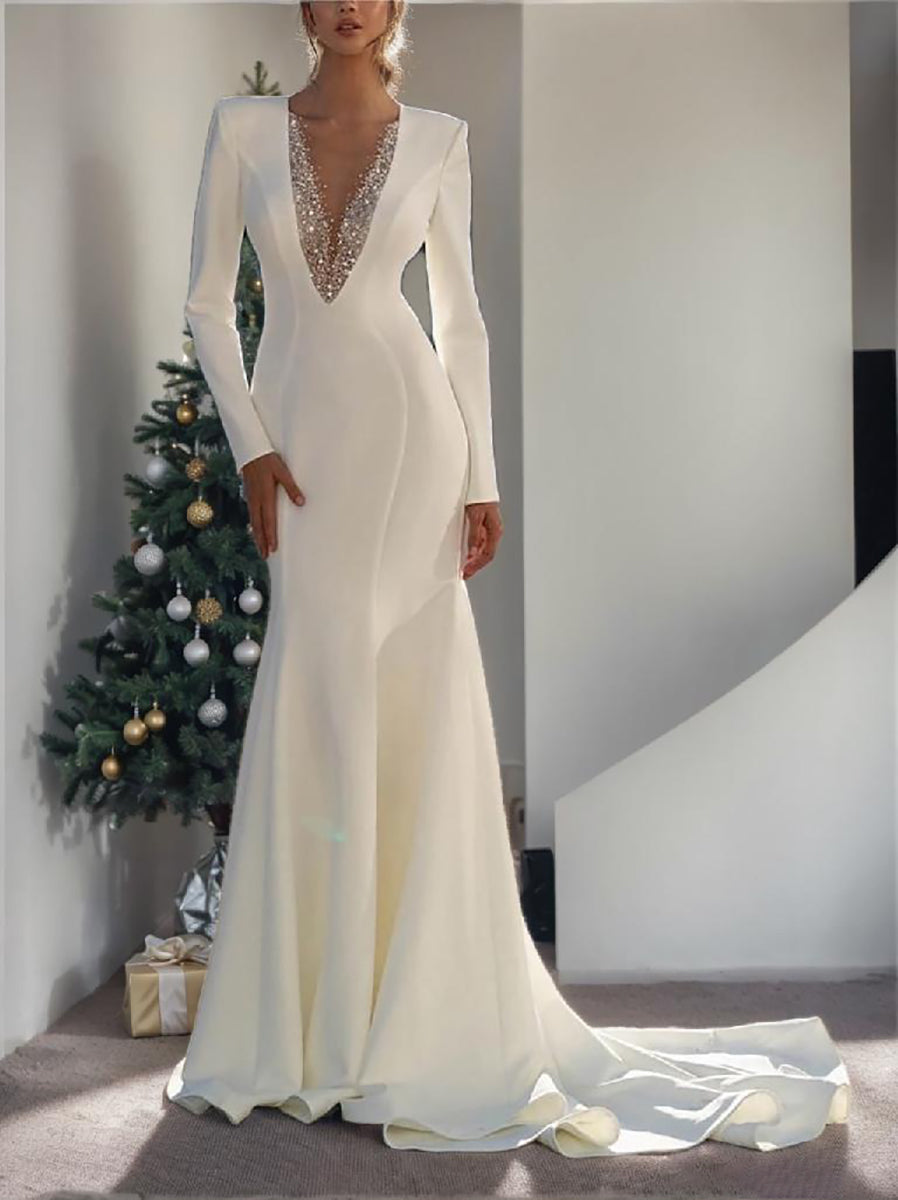 Mermaid/Trumpet V-Neck Long Sleeves Floor-Length Wedding Dresses with Beading