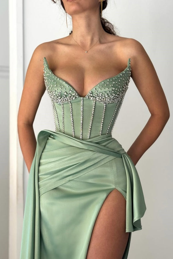 Dusty Sage Beaded Strapless Split Prom Dress ZT0545