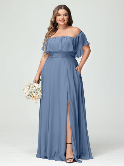 A-Line/Princess Off-the-Shoulder Short Sleeves Chiffon Plus Size Bridesmaid Dresses with Pockets & Split Side