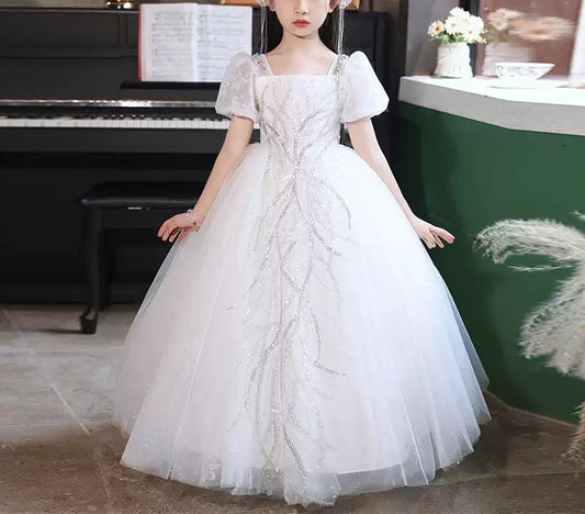 Ball Gown Square Neck Short Sleeves Flower Girl Dress with Rhinestone Appliques