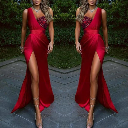 Wine Red One Shoulder Mermaid Front Split Prom Dress With Sequins Online ED0355