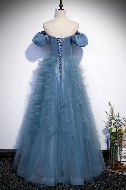 Edgynewlook Gorgeous Dusty Blue Off-The-Shoulder Long Prom Dress Tulle With V-Neck