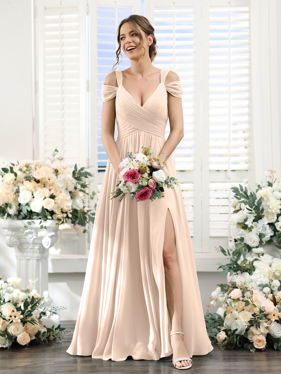 A-Line/Princess V-Neck Floor-Length Chiffon Bridesmaid Dresses with Split Side & Ruched