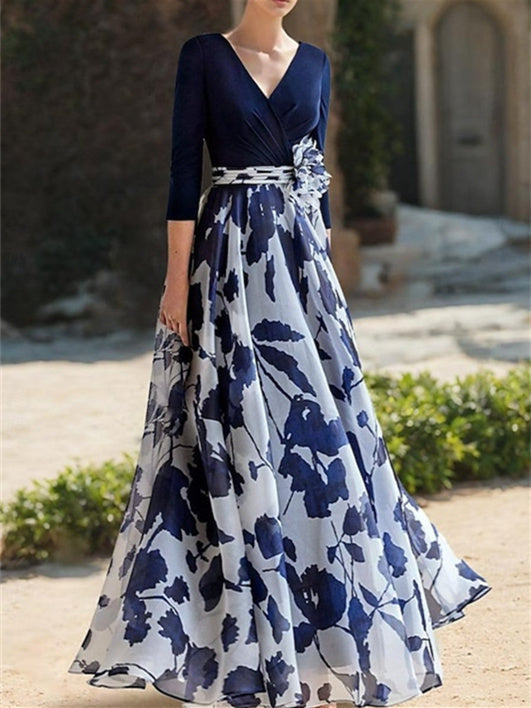 A Line/Princess V Neck 3/4 Sleeves Floral Mother of the Bride Dresses