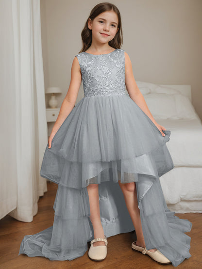 Ball-Gown Scoop Neck Sleeveless Asymmetrical Flower Girl Dress with Bowknot