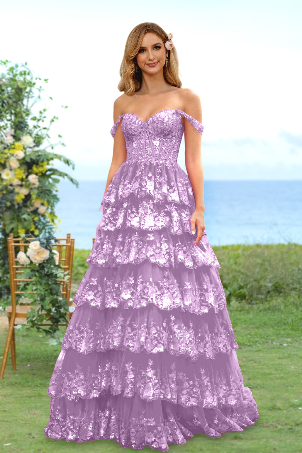 A-Line/Princess Sweetheart Off-the-Shoulder Long Prom Evening Party Floral Dresses with Sequins & Ruffles