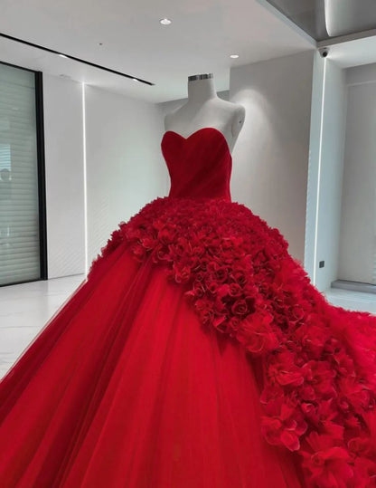 Red gorgeous elegant tube top floral long floor length trailing tulle ball gown evening gown wedding dress gh3140