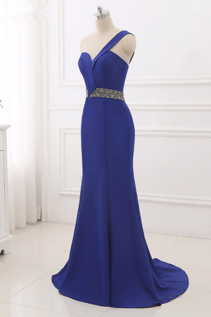 Okdais Royal Blue Prom Dress One Shoulder Mermaid Long Backless Dress With Beads ZP0074