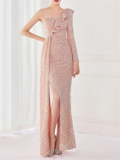 Mermaid/Trumpet  One Shoulder Floor-Length Evening Dresses with Sequin Slit