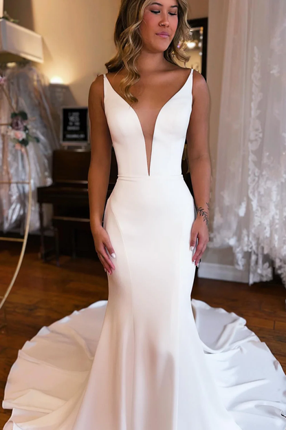 Simple White Mermaid Backless Boho Wedding Dress gh2635