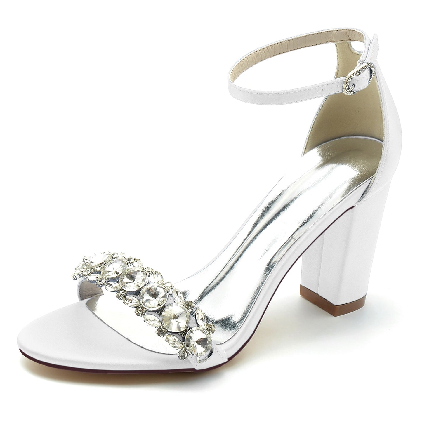 Women's Wedding Shoes Silk Satin Rhinestone Peep Toe Chunky Ankle Strap Bridal Shoes