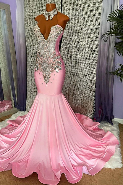 edgynewlook Mermaid Pink High Neck Prom Dress Beaded With Appliques