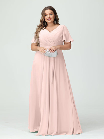 A-Line/Princess V-Neck Short Sleeves Plus Size Bridesmaid Dresses with Pockets Belt & Split Side