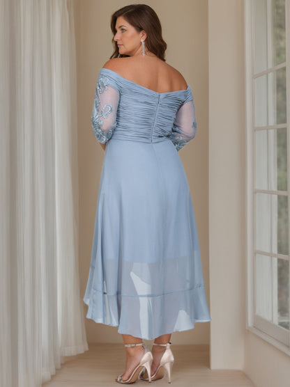 A-Line/Princess Off-the-Shoulder 3/4 Length Sleeves Asymmetrical Plus Size Mother of the Bride Dresses with Sequins