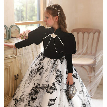 High Neck Long Sleeves A-Line/Princess Floor Length Girl Party Dress with Beadings