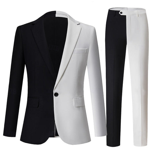 Men's Black White PatchworkPunk Fashion Standard Fit Single Breasted Party Prom Suits 2 Piece