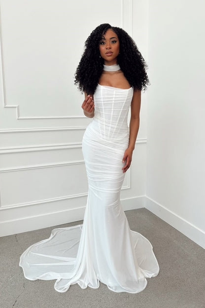 White Elegant Strapless Summer Mermaid Long Prom Dress ZT0595