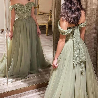 Sequins Green Off-The-Shoulder Tulle Long Prom Dress ZT0497