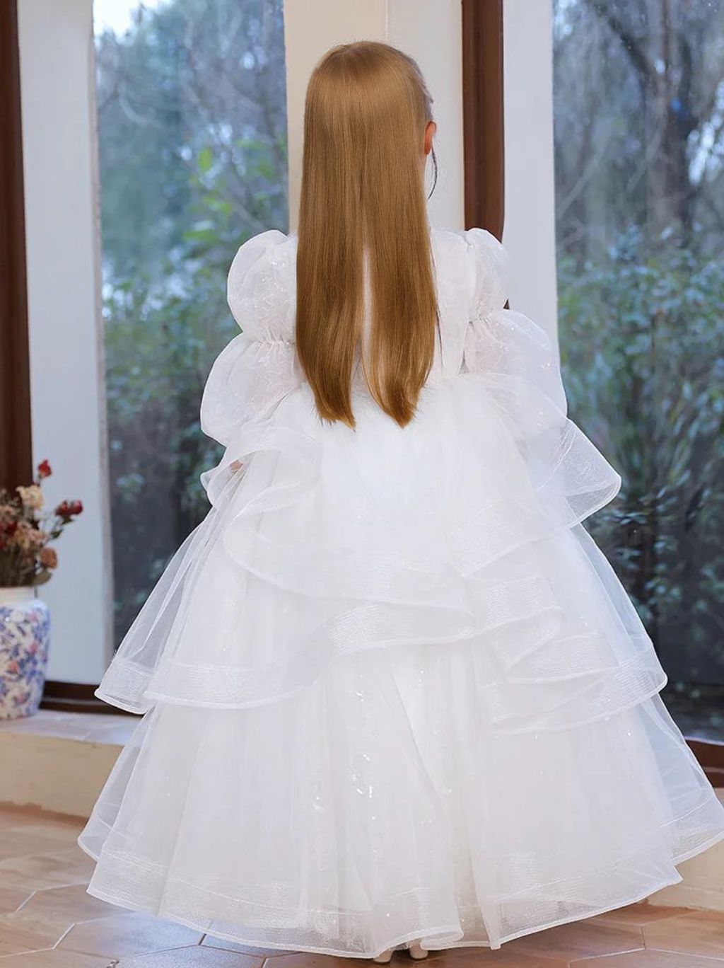 V-Neck 3/4 Sleeves A-Line/Princess Flower Girl Dress with Rhinestone Appliques