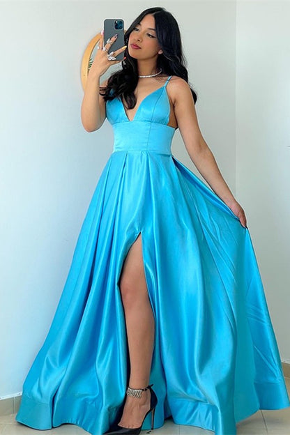 Spaghetti-Straps Ocean Blue Prom Dress PD0257