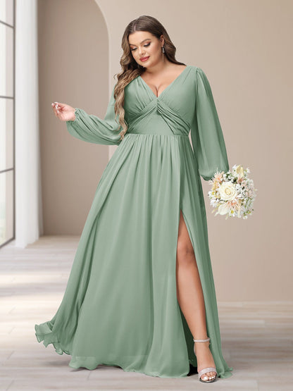 A-Line/Princess V-Neck Long Sleeves Chiffon Long Plus Size Bridesmaid Dresses With Split Side