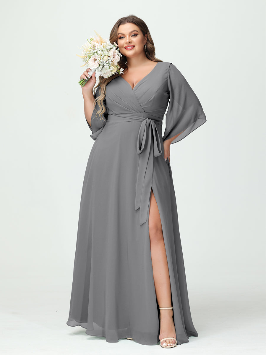 A-Line/Princess/Princess V-Neck Long Sleeves Chiffon Plus Size Bridesmaid Dresses With Pockets Belt & Split Side