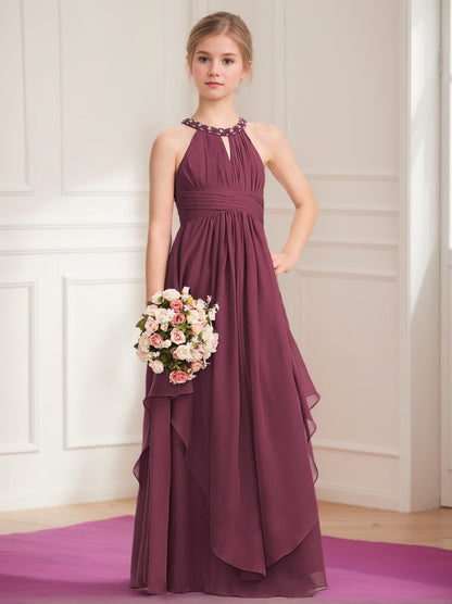 A-Line/Princess Halter Floor-Length Junior Girl Bridesmaid Dresses with Beadings