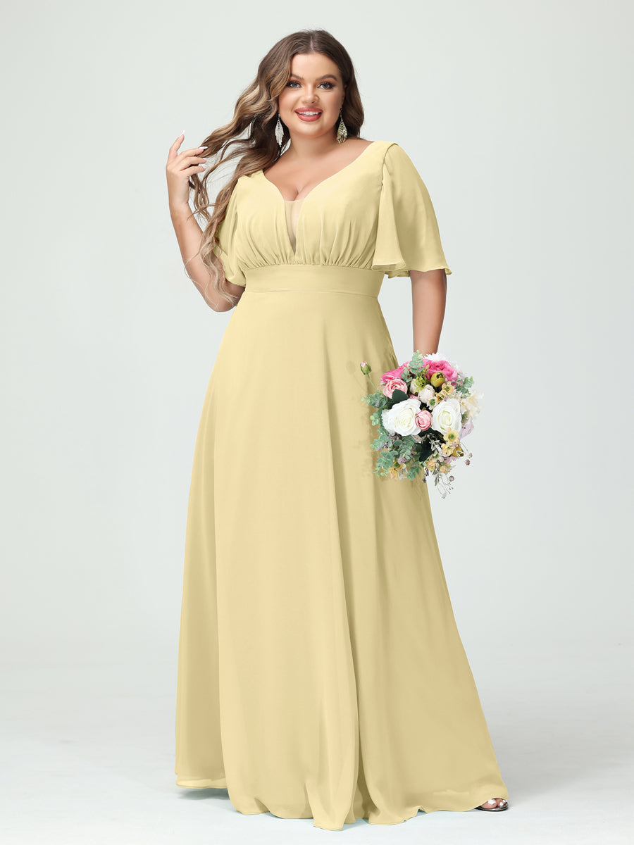 A-Line/Princess V-Neck Half Sleeves Chiffon Plus Size Bridesmaid Dresses with Pockets