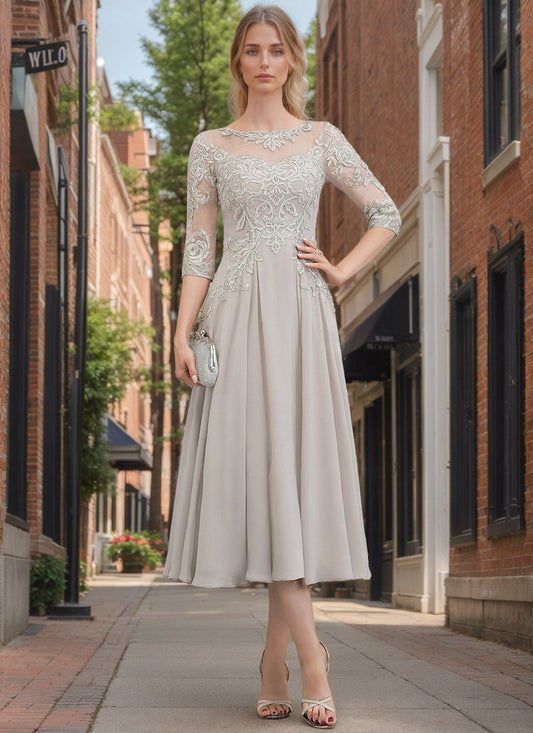 A-Line/Princess Scoop Neck Half Sleeves Tea-Length Mother of the Bride Dresses with Appliques & Lace