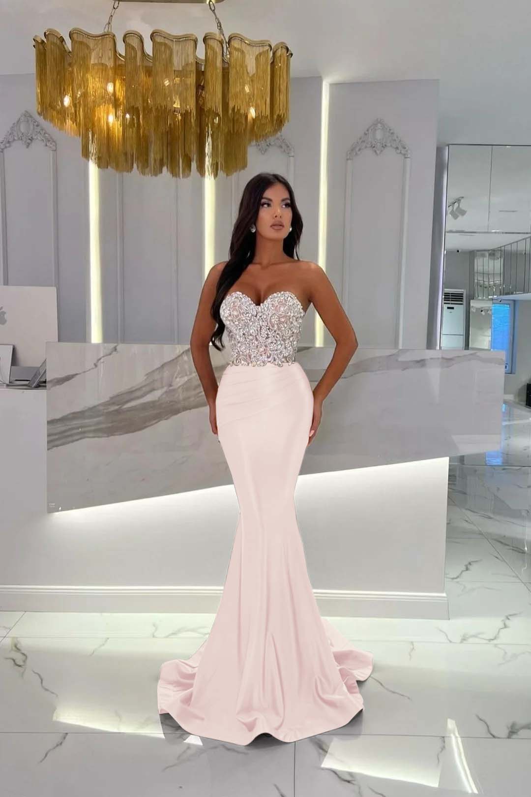 Prom Dress Satin Gold Sweetheart Sleeveless StraplessWith Rhinstone Mermaid YL0278