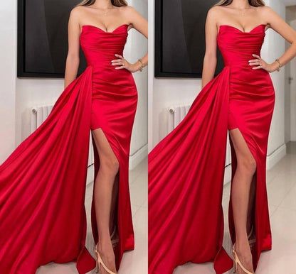 Red Sleeveless Prom Dress Long Slit With Trailing YH0052