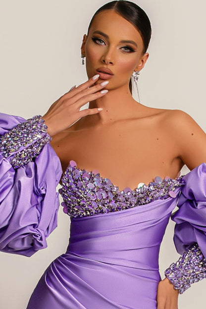 Purple Mermaid Prom Dress Bubble Sleeves Long Sleeves ED0606