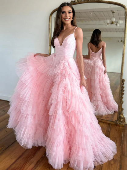 Alianna |A-Line Spaghetti Straps Tiered Tulle Prom Dress