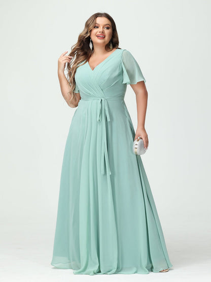 A-Line/Princess V-Neck Short Sleeves Plus Size Bridesmaid Dresses with Pockets Belt & Split Side