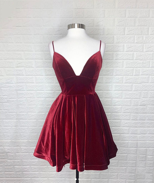 Burgundy velvet short prom dress party dress  8388