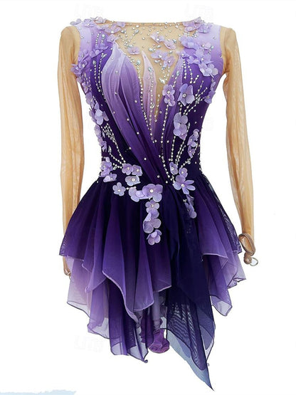 Purple Figure Skating Dress Wear Women's Girls' Long Sleeve Ice Skating Dress