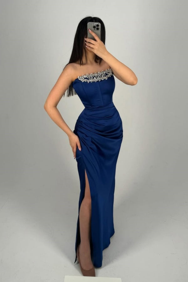 Royal Blue Beaded Strapless Gorgeous Split Prom Dress ZT0319