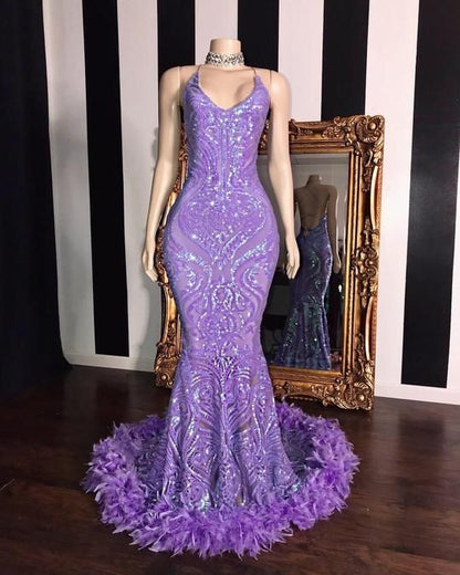 Gorgeous Sleeveless Sequins Lace Prom Dress Mermaid With Feather PD0583